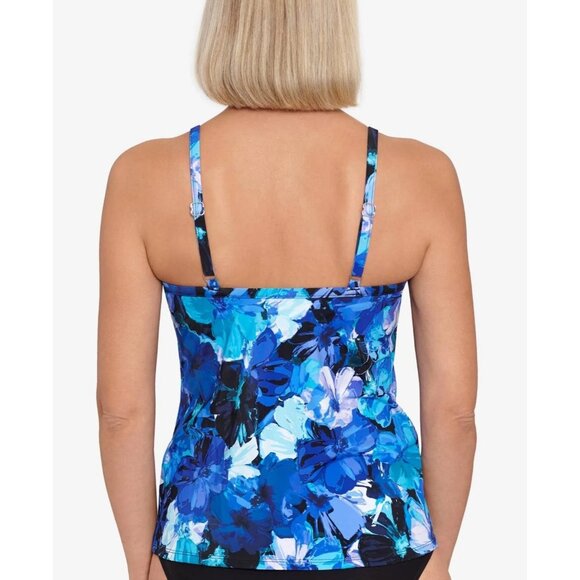 Swim Solutions Womens Floral High Neck Tankini Swim Top Blue Black Size 8 - Picture 2 of 6